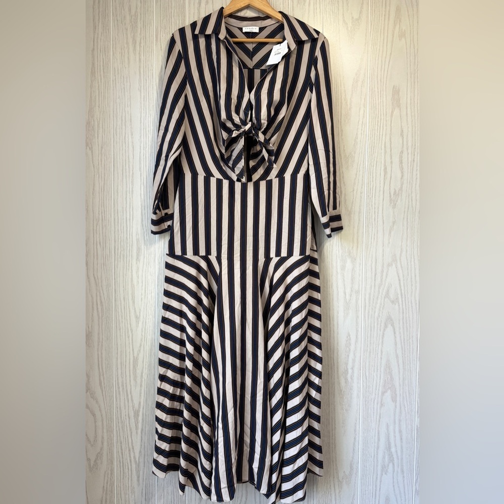 Sandro Paris Vilna Striped Tie-Front Midi Dress Beige/Blue Size 42 (US 10) NWT - Picture 9 of 12